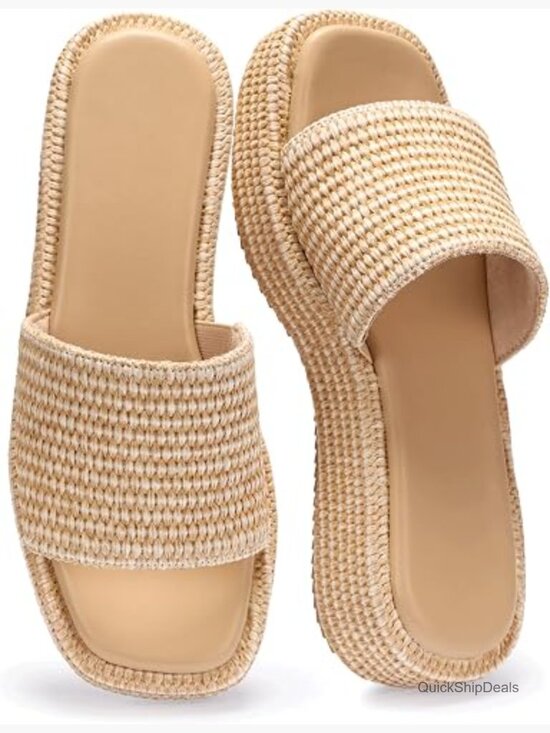 Shoes - Platform Espadrille Sandals, Woven Straw Flatform Slides, Comfortable Walking